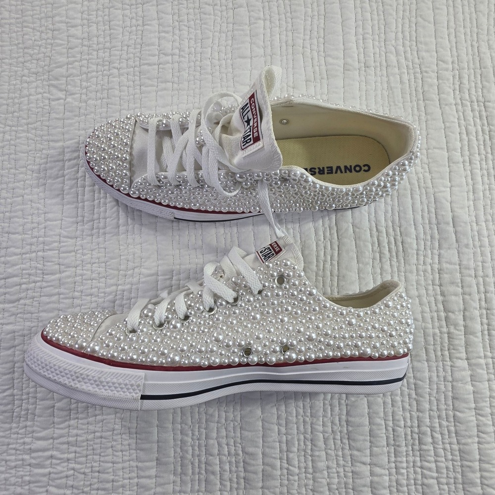 Converse Chuck Taylor All Star White Faux Pearl Custom Bridal Sneakers W12 NWOT